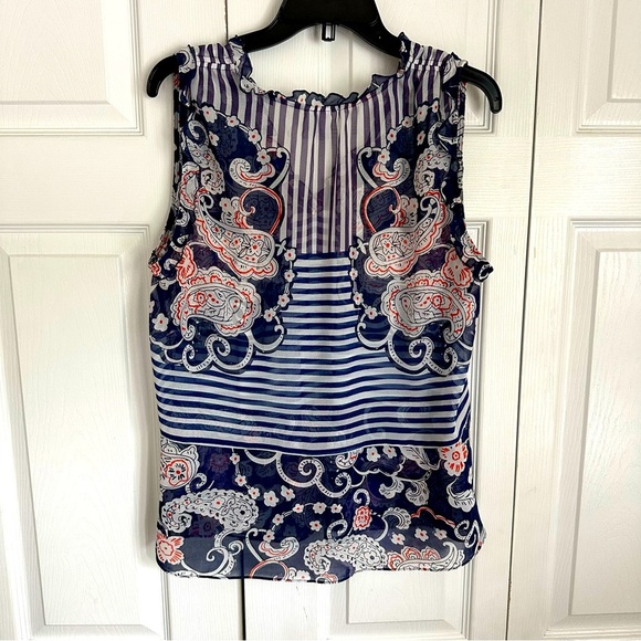 Cabi #5349 Navy Floral Paisley Peplum Striped Sheer Ruffle Pleated Top Sz S Boho - Picture 2 of 9